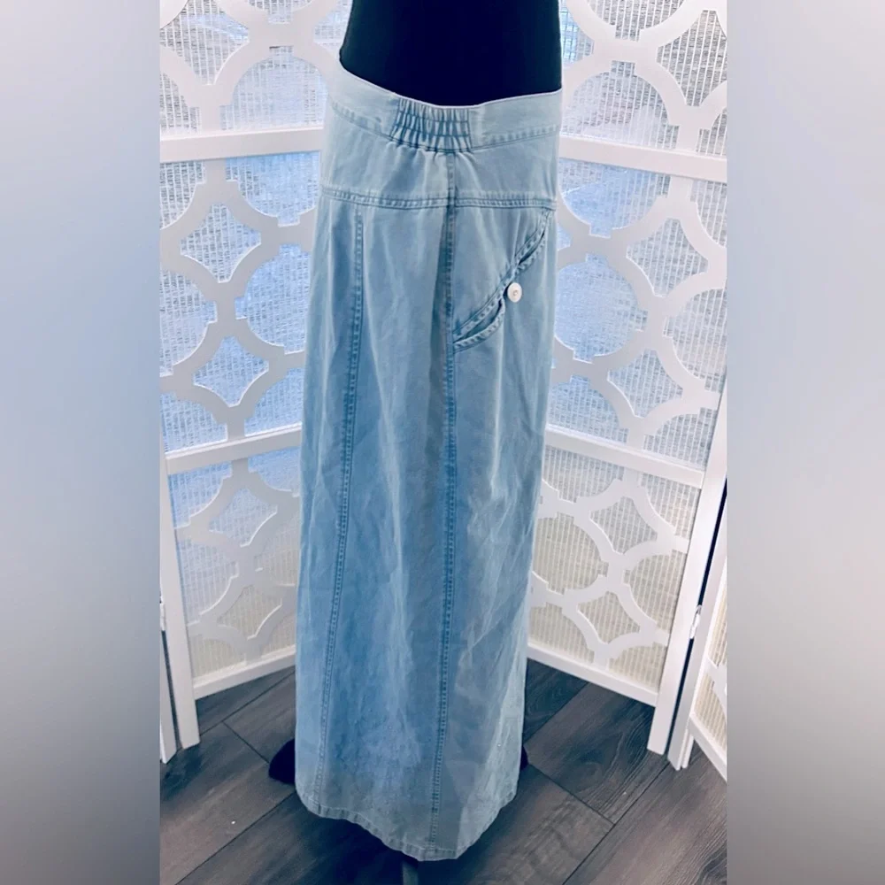 XL LAFEI-NIER COTTON LONG SKIRT DENIM JEAN CHAMBRAY BEADED BLUE SOFT BOHO - Picture 6 of 15